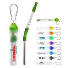 New travel kit Plastic white Tube with carabiner handy 304 metal wire Cleaner Brush Drinking foldable stainless steel straw set